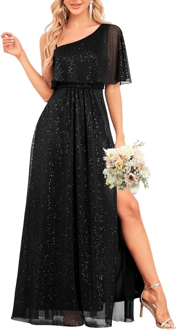 Women's Formal Evening Gowns Dresses Long Glitter One Shoulder Elegant A Line Split Wedding Guest Ball Dress (M)