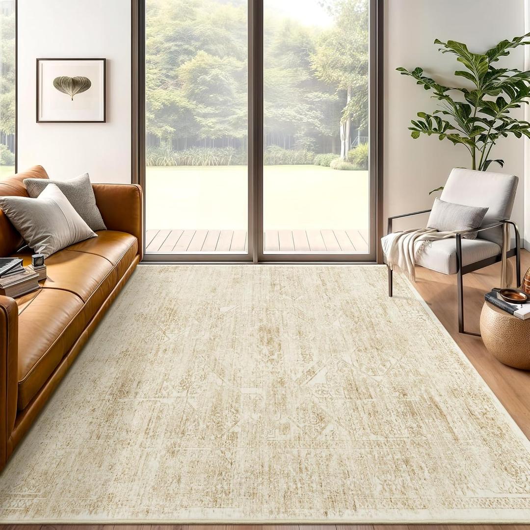 5x7 Area Rugs Beige Low Pile Indoor Washable Trendy Faded Style Floral Rugs for Bedroom Living Room Dining Room Foldable Non-Slip Thin Print Mat
