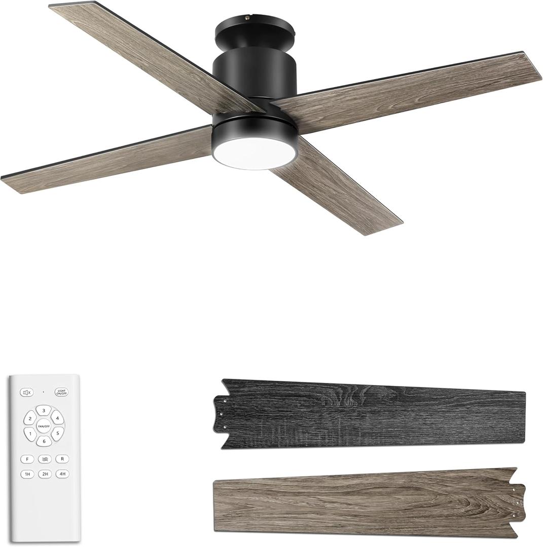 Ceiling Fans with Lights Flush Mount, 52 Inch Low Profile Ceiling Fan with Light, 4 Blades, 6 Speeds, Timer, Ceiling Fans with Lights and Remote for Bedroom Indoor(Black)