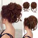 SARLA 2PCS Messy Bun Hair Pieces for Women Wavy Curly Synthetic Hairpieces for Updos with Tendrils Fake Scrunchies Ponytail Extension Red Vino