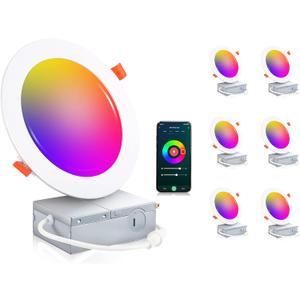 CLOUDY BAY [6 Pack] 6inch Smart WiFi LED Recessed Lights,RGBCW Color Changing Recessed Lighting,Compatible with Alexa and Google Home Assistant,No Hub Required,15W 2700K-6500K,CRI90+ Wet Location (6 Inch | White, Rgbcw / Wifi)