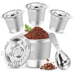 4 Pack Reusable K Cups Coffee Pods: Stainless Steel Refillable K Cups - Reusable Coffee Filters for Coffee Machine, SUS 304‌, BPA-Free, Heat Resistant Handles, Scoop