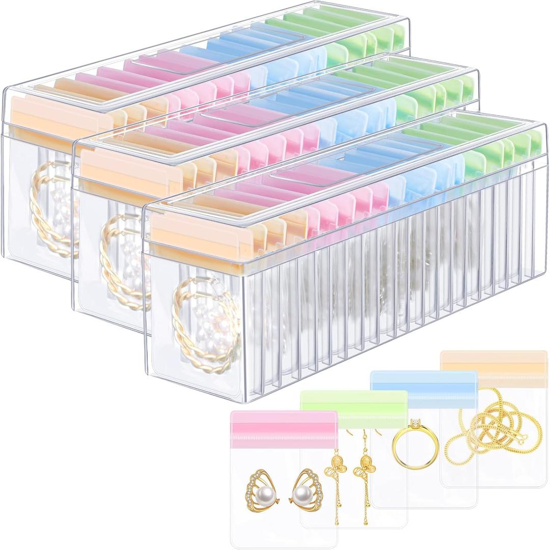 Kenning 63 Pcs Acrylic Jewelry Case Organizer, Clear Jewelry Organizers Holder with Portable Anti Tarnish Storage Bags for Rings, Earrings, Necklaces, Ideal Gifts for Women (Four Color Mixture)