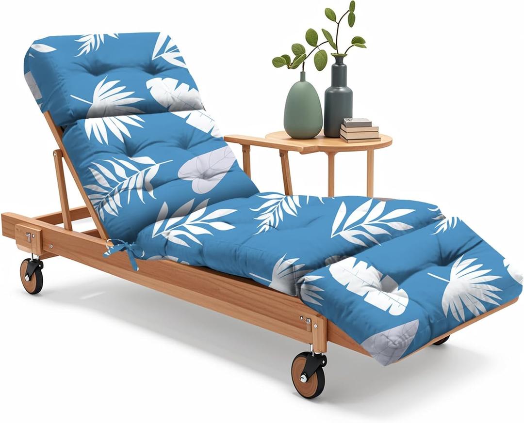 Outdoor Chaise Lounge Chair Cushion 75.1 x 22.8 x 4.7 Inches 100% Waterproof Replacement Cotton Patio Pool Lounge Chair Cushion for Outdoor Furniture with Ties, Blue Leaf (3#)
