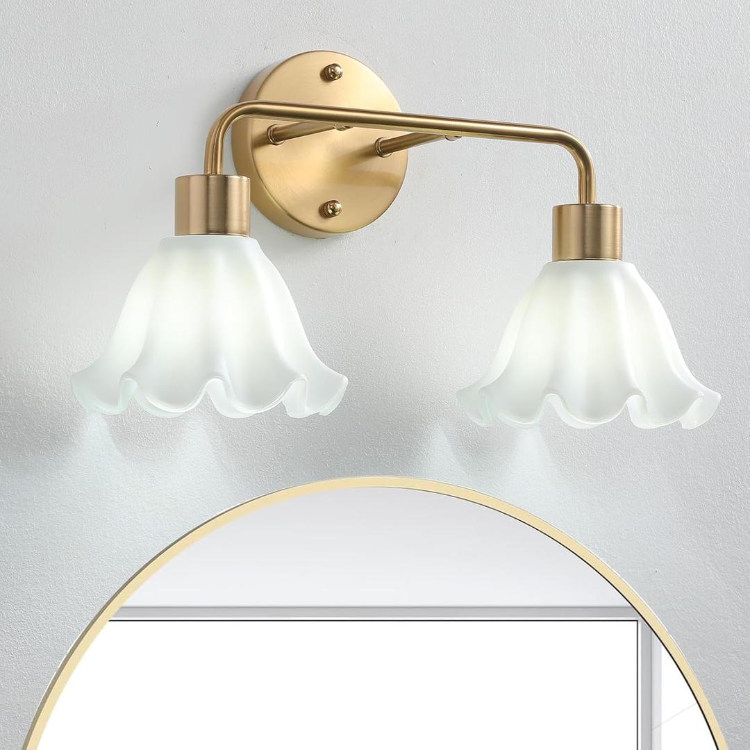 2 Light Gold Brass Bathroom Light Fixture,Brush Gold Vanity Lighting Over Mirror,Cute Milk White Glass Flower Lampshade,E26 Socket(Bulbs Not Included)