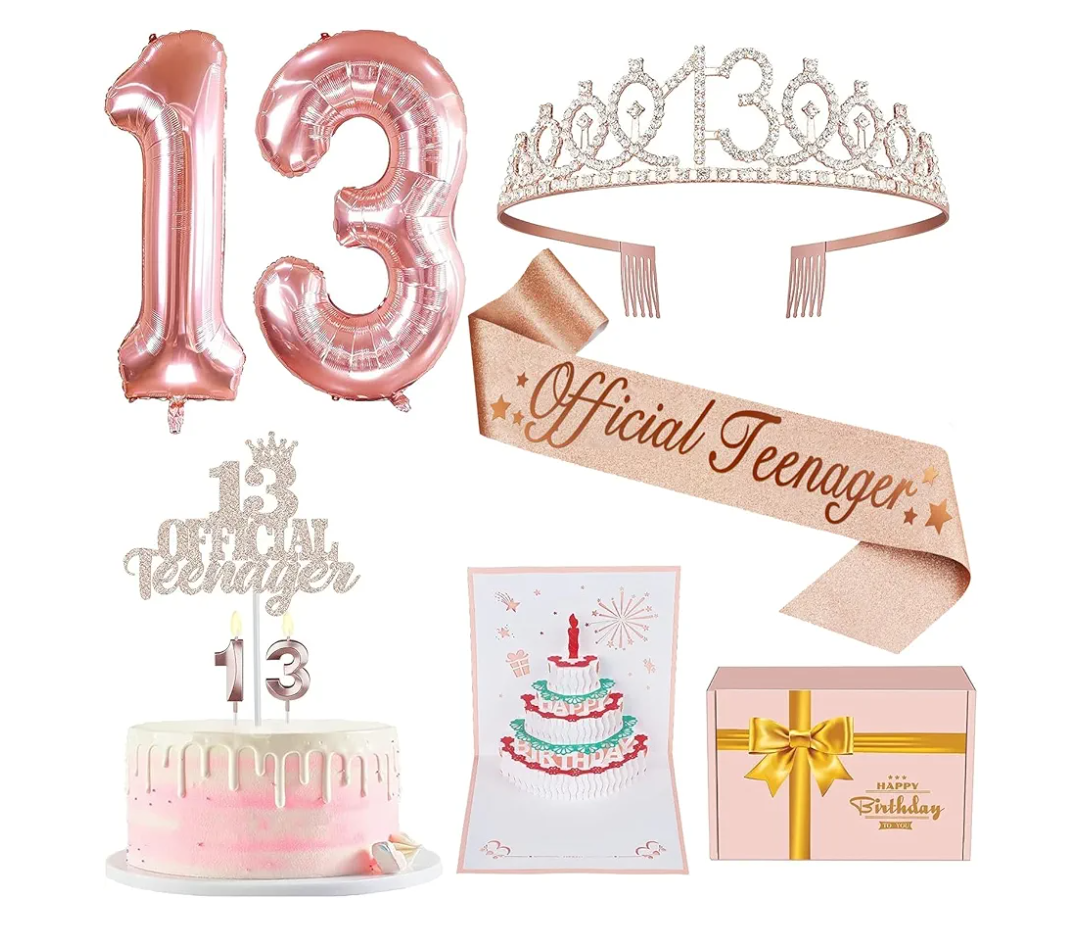 13th Birthday Decorations for Girls with Black Official Teenager Sash and Tiara, 13 Official Teenager Cake Topper and Candles, Number Balloons Rose Gold, Teen Girl Gifts for 13 Year Old