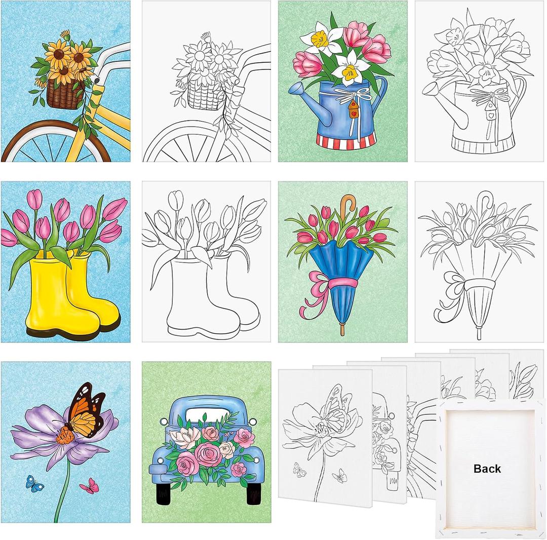 COCHIE 6 Pack 8x10 Inches Spring Flower Pre Drawn Canvas to Paint for Sip and Paint Party, Pre Printed Framed Canvases Set, Umbrella Butterfly Truck Pre Sketched Canvas for Painting for Adults Kids