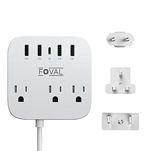 European Travel Plug Adapter, FOVAL EU UK US Power Strip with USB C and 4 USB Ports, 3 AC Outlets, Wall Mountable, 5ft Extension Cord, Compact for Travel, Cruise Ship, Home Office (White)