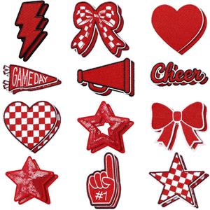 Glitinsel 24 Pcs Red Game Day Cheer Patches Iron on Embroidered Football Patches Sew on Appliques for Hats Backpacks Clothes Football Enthusiasts Team Fans DIY Cratfs(Game Day)