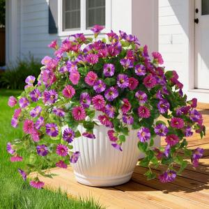 Artificial Fake Flowers Plants UV Resistant, Faux Petunias Silk Flowers for Outdoors No Fade, Fake Outdoor Flowers for Planters Spring, Realistic Home Garden Balcony Yard Decor (Light Purple)