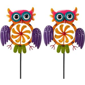 Oak & Lore 2 Pack Colorful Owl Wind Spinners Outdoor Metal Garden Wind Sculptures & Spinners with Stakes for Patio, Lawn, Backyard Outdoor Decor