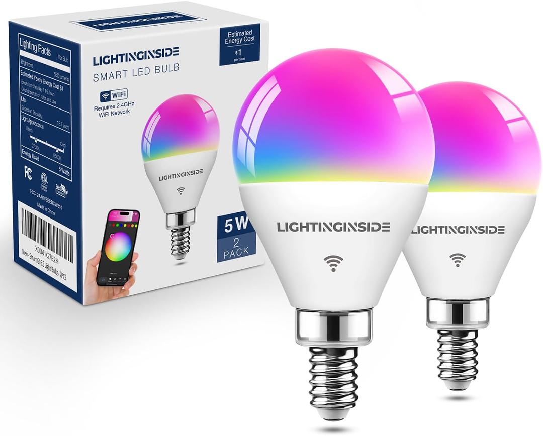 Lightinginside E12 Smart Light Bulbs 50W Equiv., G16.5 RGBCW Candelabra Chandelier Ceiling Fan Smart Bulb Works with Alexa/Google Home/SmartLife, 5W 550LM, 2.4G WiFi Bluetooth Bulb, ETL Listed, 2PCS