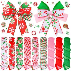 9 Rolls 45 Yards Christmas Candy Peppermint Ribbon Wired Edge Ribbons for Wreaths Red Green Candy Cane Print Craft Ribbon Burlap Grosgrain Ribbon for Christmas Party Decorations DIY Supplies