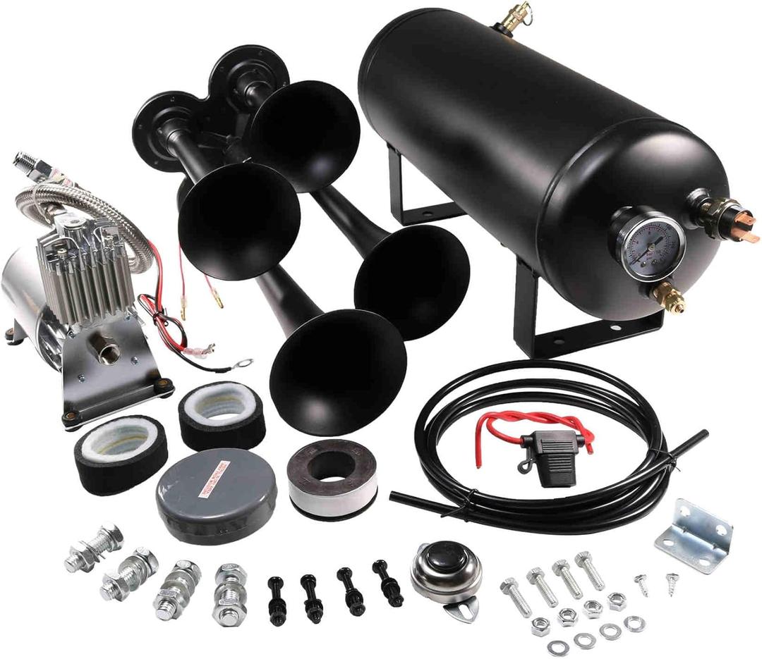 12V 4 Trumpets Train Horn Kit 150psi Complete Onboard System 150psi Air Compressor 1.5 Gallon Air Tank 4 Trumpets Fits Any Vehicle Truck Car Semi Pickup Replacement for Jeep RV SUV Super Loud dB (Not Specified)