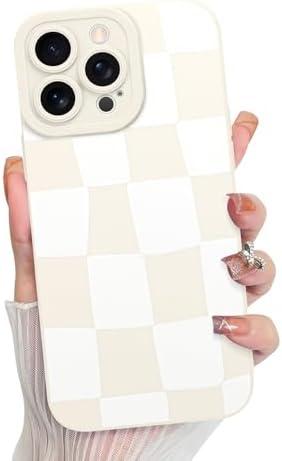 KANGHAR Compatible with iPhone 14 Pro Max Case, Silicone Checkered Cute Pattern, Camera Protection Soft Slim Phone Case for Girls Women -White