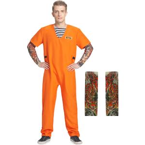 Men Prisoner Costume, 2 Pcs Convict Jail Jumpsuit Inmate Set Outfit for Adult Man Dress Up Halloween M-XXL (Orange)