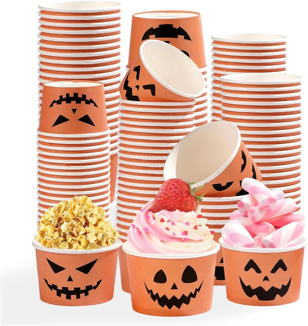 Grencian 120 Pcs Halloween Treat Snack Cups 12 Oz Disposable Pumpkin Ghost Bowls Disposable Paper Cup Orange Black Paper Cup Dessert Bowls Food Tasting Cups for Halloween Party Supplies