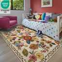 5x8 Machine Washable Area Rug for Living Room, Beige Vintage Boho Floral Rug Large Non-Slip Low Pile Soft Faux Wool Carpet, Kids and Pets Friendly for Bedroom Dining Room Farmhouse Home Decor Rug
