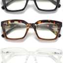 3 Pack Oversize Square Design Reading Glasses for Women, Blue Light Blocking Reader (Black&leopard&transparent)