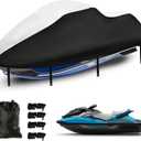 Jetski Waterproof Cover, Upgraded Heavy Duty 420D 3 Seater Jet Ski Cover with 2 Air Vent Marine Grade UV Resistant (136" to 145" Silver Black)