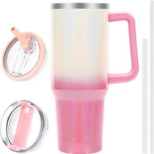 40 oz Tumbler with Handle and Flip Straw Lid, Vacuum Insulated Leak Proof Double Walled Stainless Steel Glitter Travel Mug Tumblers, Maintains Cold Ice and Heat for Hours(White Pink Gradient)