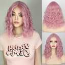 incohair Pink Bob Wigs for Women 14 Inch Short Wavy Bob Wig Colored Shoulder Length Middle Part Synthetic Pink Curly Short Wigs for Cosplay Party Use