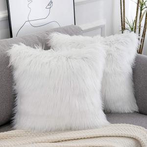 Set of 2 White Decorative Fluffy Pillow Covers New Luxury Series Merino Style Faux Fur Throw Pillow Covers Square Fuzzy Cushion Case Spring Easter Home Decor 18x18 Inch
