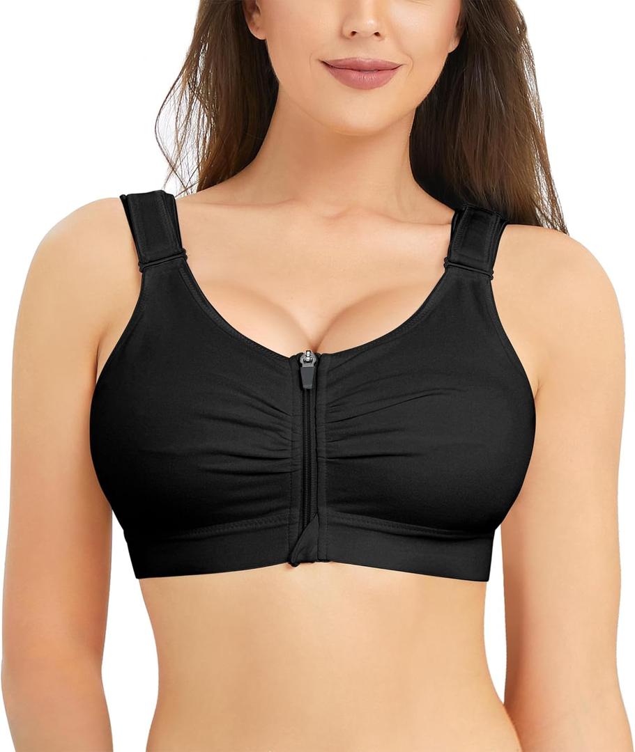 BRABIC Zip Front Closure Everyday Bra for Women Post Surgery Compression Support with Adjustable Straps Wirefree (Large, Black)