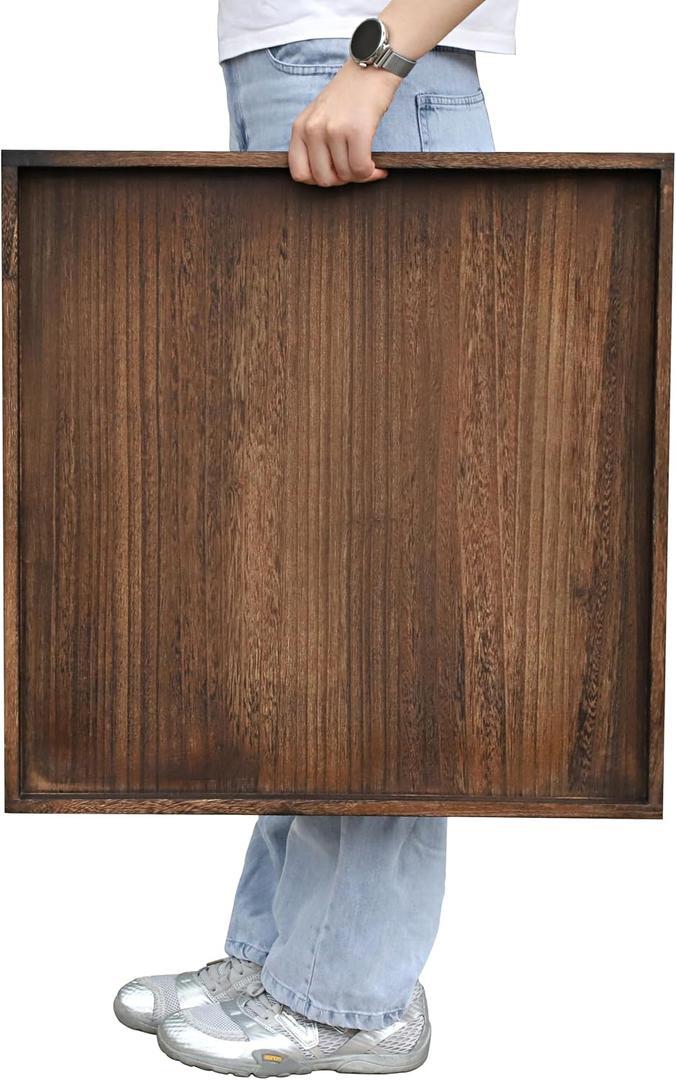 Gurfuy Square Wood Ottoman Serving Tray 24" - Rustic Wooden Table Tray for Farmhouse Decorative Oversized Coffee Table Trays Living Room Kitchen Counter Breakfast Brown