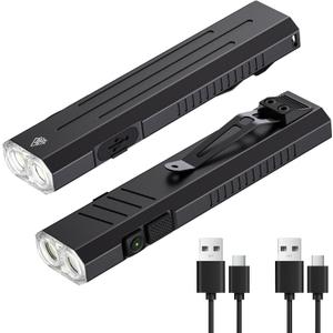 2pack Rechargeable EDC Flashlight - Emergency One Click Strobe Mode, 1600 High Lumens Portable Pocket light Mini Flashlight , Magnetic Small EDC Slim Flat Flashlight for Working Camping Repairing (2PCS)