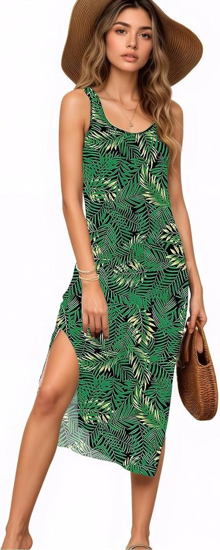 Women's Summer Midi Dress 2025 Sleeveless Floral Print Split Casual Bodycon Long Beach Sundress Travel Vacation Outfits (Green, L)