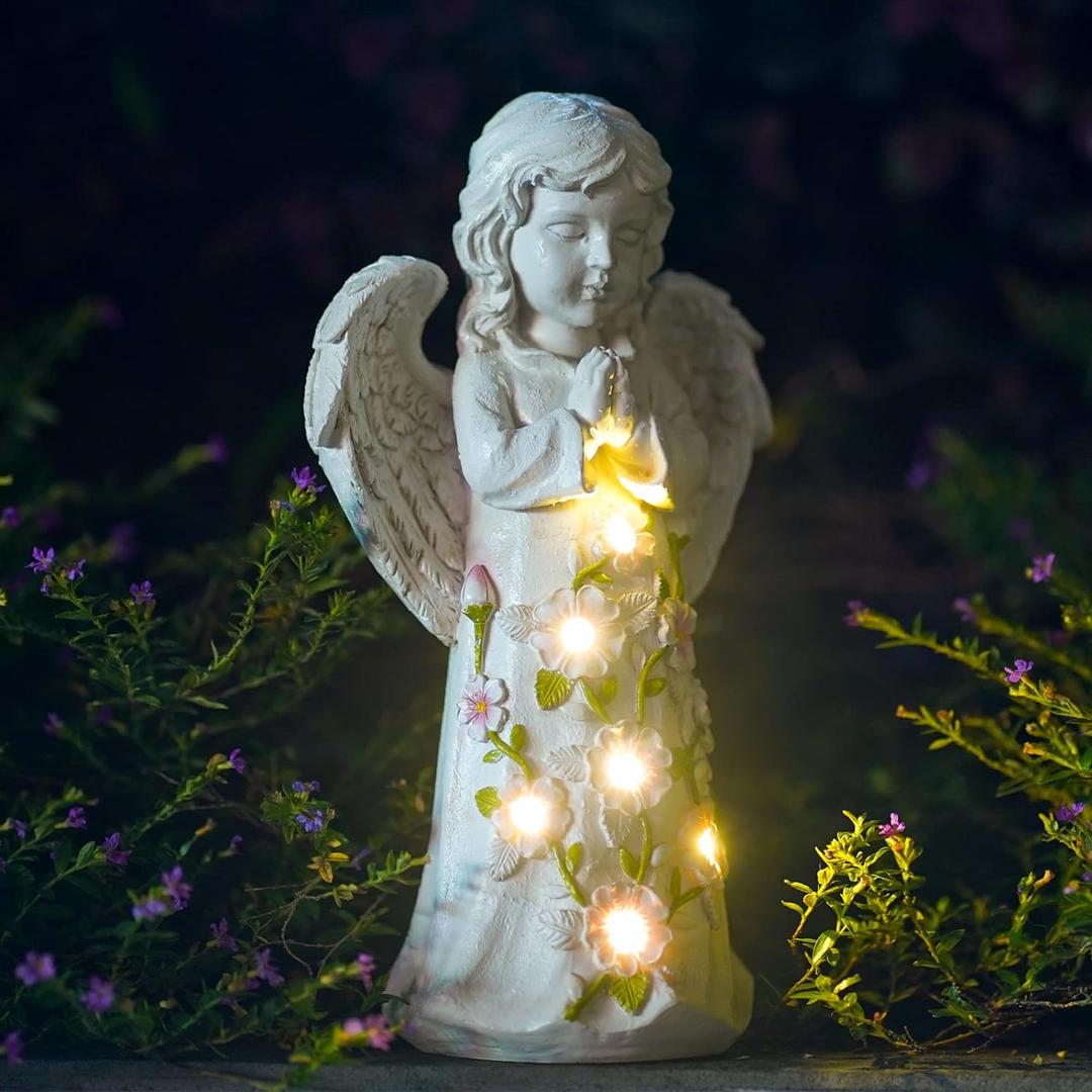 Nacome Garden Outdoor Statues Angel with Succulent and 7 LED Lights Lawn Decor for Patio, Balcony, Yard Ornament for Mom Grandma Women
