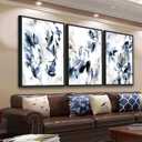 Large Framed Canvas Wall Art - Abstract Floral Wall Decor, Navy Blue Flowers Pictures, Ink Wash Botanical Painting Prints for Living Room Bedroom Office Bathroom Artwork 24" X 36" X 3 Pcs