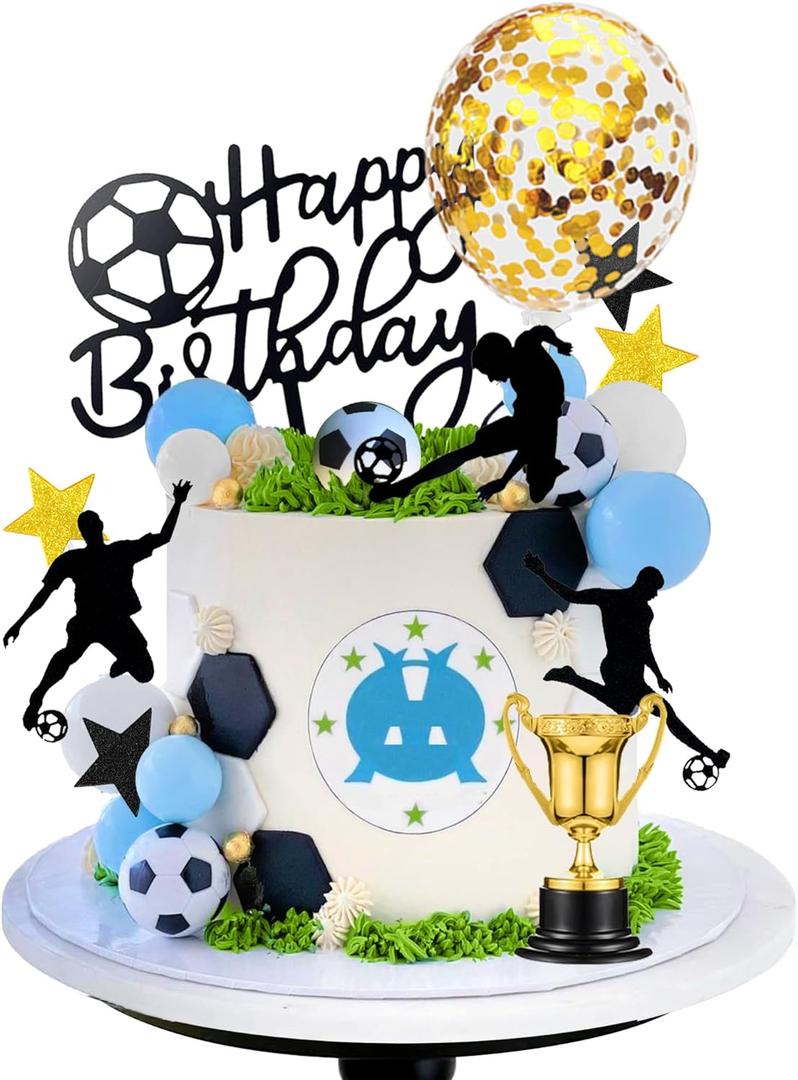 DRWATE Soccer Cake Topper Decorations - Ball Trophy Cake Decorations For Soccer Birthday Party Football Sport Party Supplies (Blue)