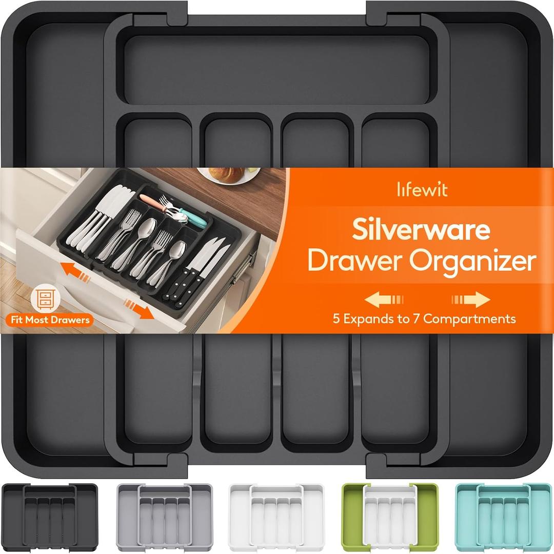 Lifewit Small Silverware Drawer Organizer, Expandable BPA Free Utensil Tray for Kitchen, Adjustable Flatware and Cutlery Holder for Spoons Forks Knives, Plastic Kitchen Organizers and Storage, Black (Medium)