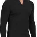 YTD Men's Muscle V Neck Polo Shirts Slim Fit Long Sleeve Golf T-Shirts Ribbed Knit Soft Casual Tees (Large, Black)