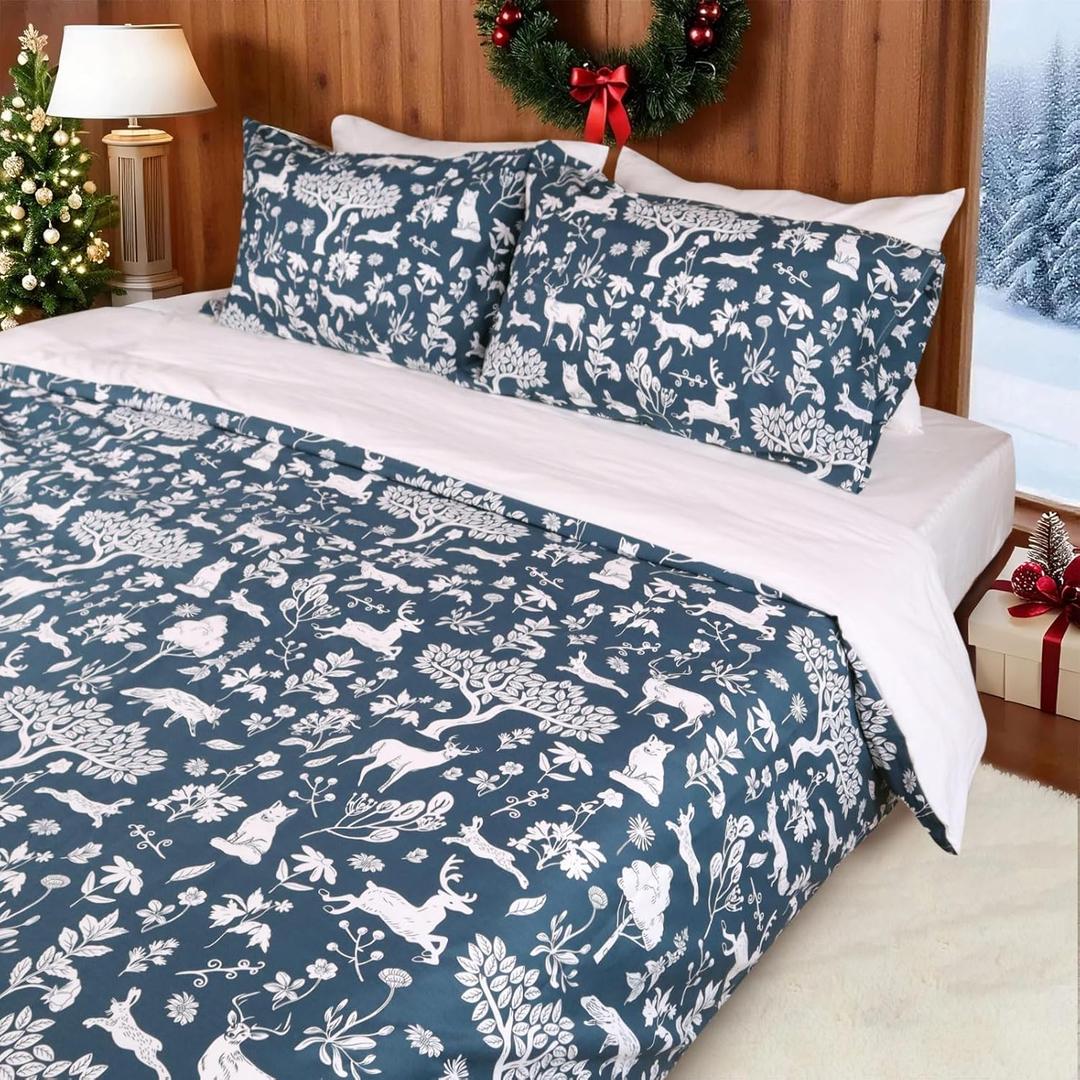 Gogreen 100% Cotton Duvet Cover Set - 3 Piece Soft Breathable Bedding Set, All Season Comforter Cover with Zipper Closure & Corner Buttons, Includes 2 Pillowcases (Christmas Classical, Queen Size)