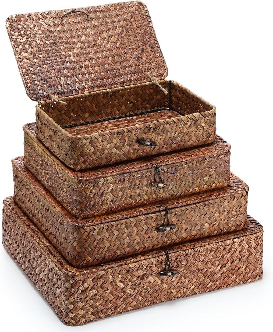 Didaey Set of 4, Seagrass Basket with Lid Wicker Storage Basket Decorative Storage Boxes with Lids Flat Storage Bins Woven Organizer Baskets for Shelf Closet Bedroom, 4 Sizes (Dark Brown)
