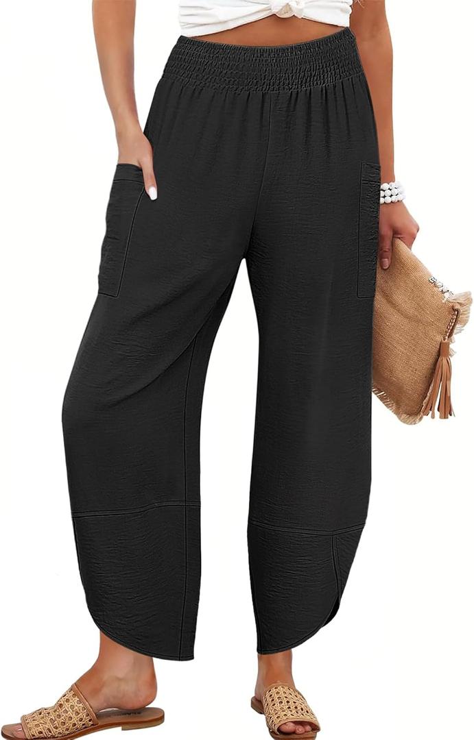 ANRABESS Womens Wide Leg Palazzo Capri Pants 2026 Summer Casual High Waisted Barrel Lounge Flowy Cropped Beach Work Trousers (Black, L)