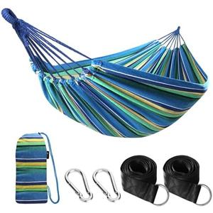 ANYOO Cotton Hammock Portable Camping Hammocks for Hanging Sturdy Garden Comfortable Fabric Hammock with Tree Straps Up to 660lbs with Travel Bag for Camping Outdoor/Indoor Patio Backyard, Blue/Yellow/Green Stripe