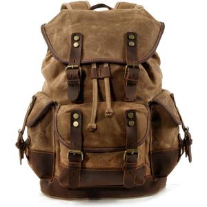 MASII Europe and The United States Outdoor Backpack Casual Student Bag Large Capacity Travel Backpack Canvas Stitching Leather Mountaineering Bag,Khaki