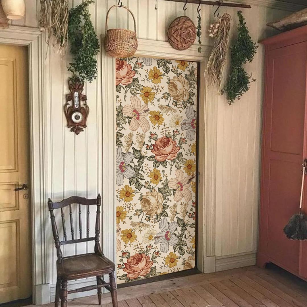 LiveInUrban Self Adhesive Vintage Boho Texture Effect Door Mural, Peel and Stick Vinyl Door Decals Sticker for Bedroom Living Room Kitchen Home Decor, Retro Flower, 15.19"X78.74"X2PCS