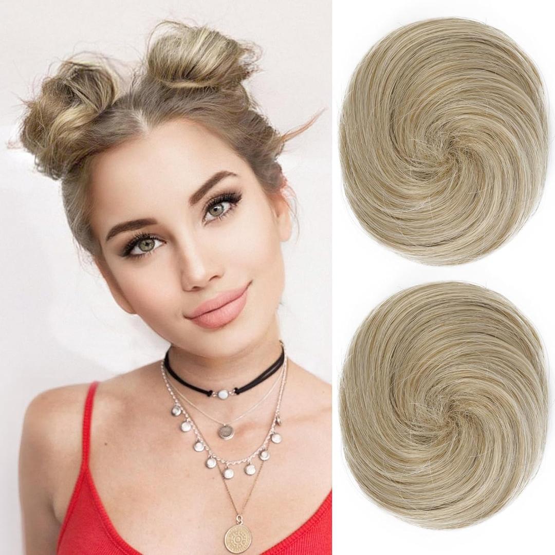 REECHO 2 PCS Mini Claw Clip in Messy & Cat Ears Hair Bun Extensions HB001 Wig Accessory Updo Hairpieces for Women (Pack of 2-3" Straight, Medium Blonde with Pale Highlights)