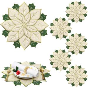 6 Pcs Holiday Christmas Embroidered Placemats Double Layer Applique Poinsettia Christmas Flower Placemat for Dining Holiday Table Decoration (Elegant Style, 14 x 14 Inch)