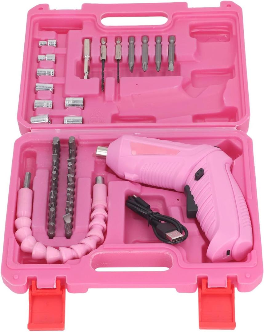 Electric Screwdriver Set, CW CCW 180 Rotatable Cordless Screwdriver Folding Rechargeable Screwdriver, 3.6V Pink USB Electric Screwdriver Portable Screw Driver Set with LED Light