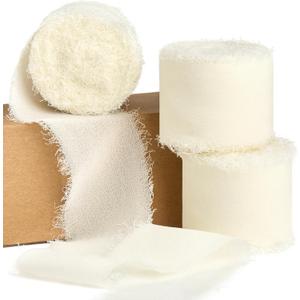 Ivory Chiffon Ribbon 1.5 Inch x 21 Yards Handmade Fringe Cream White Chiffon Silk Ribbon for Gift Wrapping Wedding Invitations Bridal Bouquets Crafts Home Decor