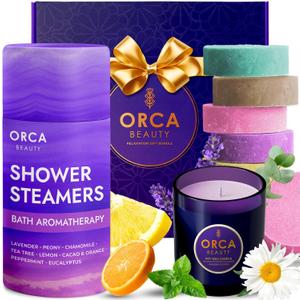 8-Pcs Shower Steamers Aromatherapy & Scented Candle - Birthday Self Care Relaxation Gifts for Women, Pampering Shower Bombs Aromatherapy, Spa Day Essentials, Christmas Purple Gift Bundle