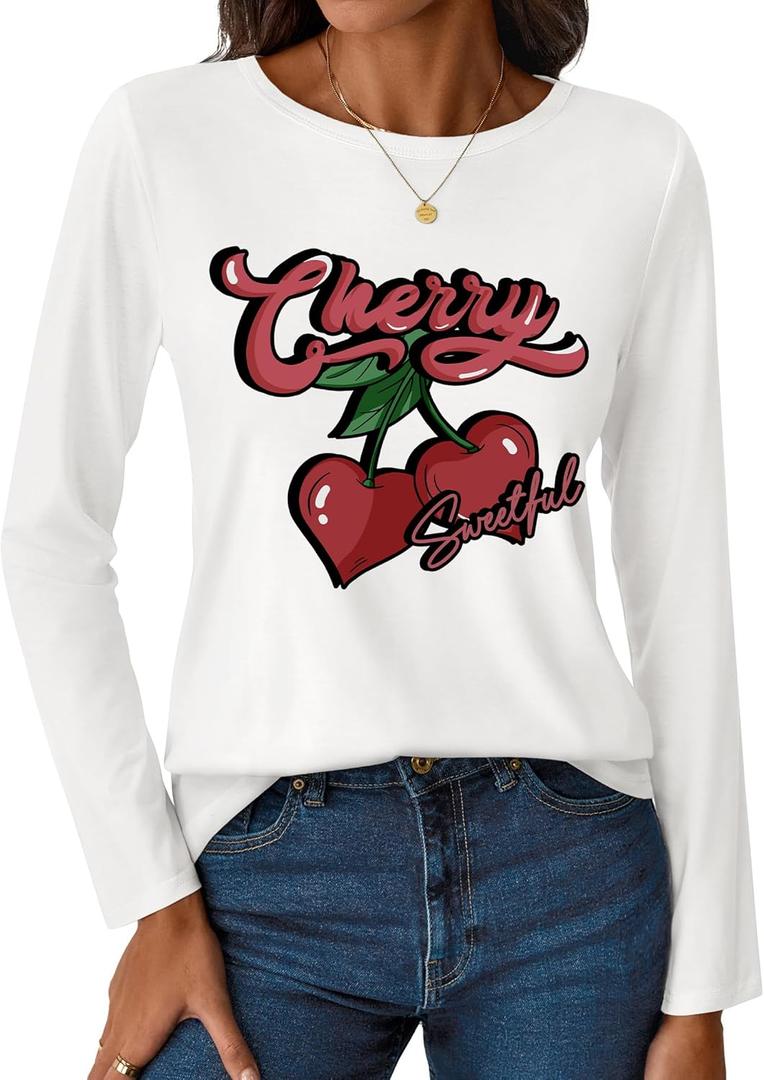 LilyCoco Womens Long Sleeve T Shirts Boat Neck Tops Breton Loose Fit Printed Tshirt White Large (White, L)