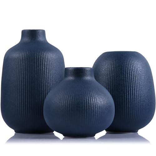 Blue Ceramic Vase Set of 3, Minimalist Decor, Home Decorative Vase, Modern Ribbed Vases, Navy Blue Vases Set for Kitchen, Bedroom, Office, Living Room, Bathroom, & Shelf Centerpiece Table Decoration