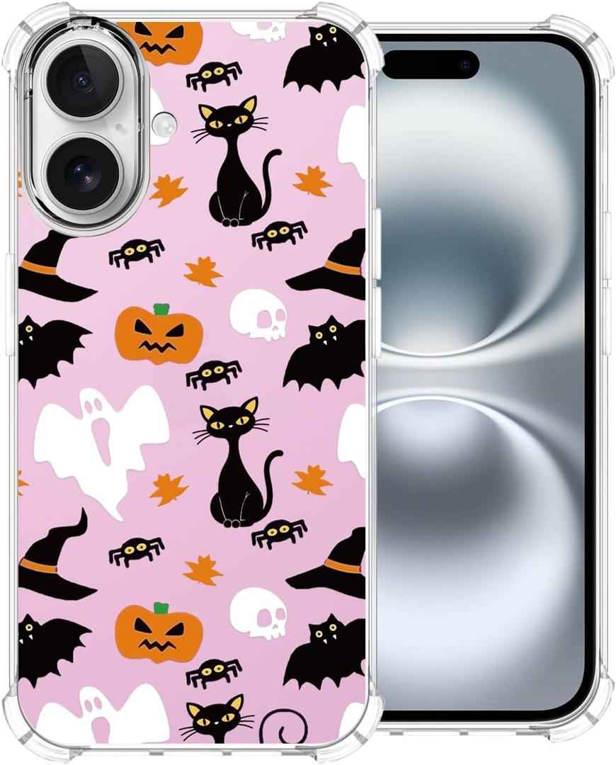 2 x Halloween Phone Case for iPhone 16,Pink Cartoon Ghost Pattern Cover Soft Bumper Protective Cute Boys Girls Phone Case for iPhone 16
